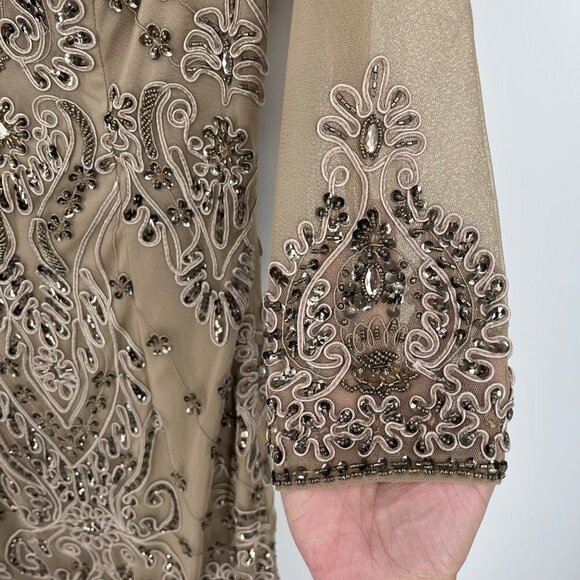 Sue Wong Nocturne Womens Beaded Knee Length Dress Gown Size 2 Tan Beige Sheer - Picture 5 of 10